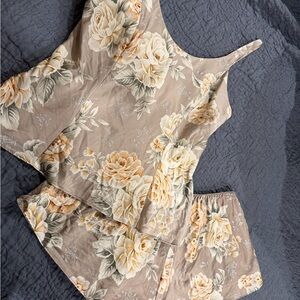 Victoria's Secret Beige Floral silk Pajama Set cami and tap shorts Y2K medium